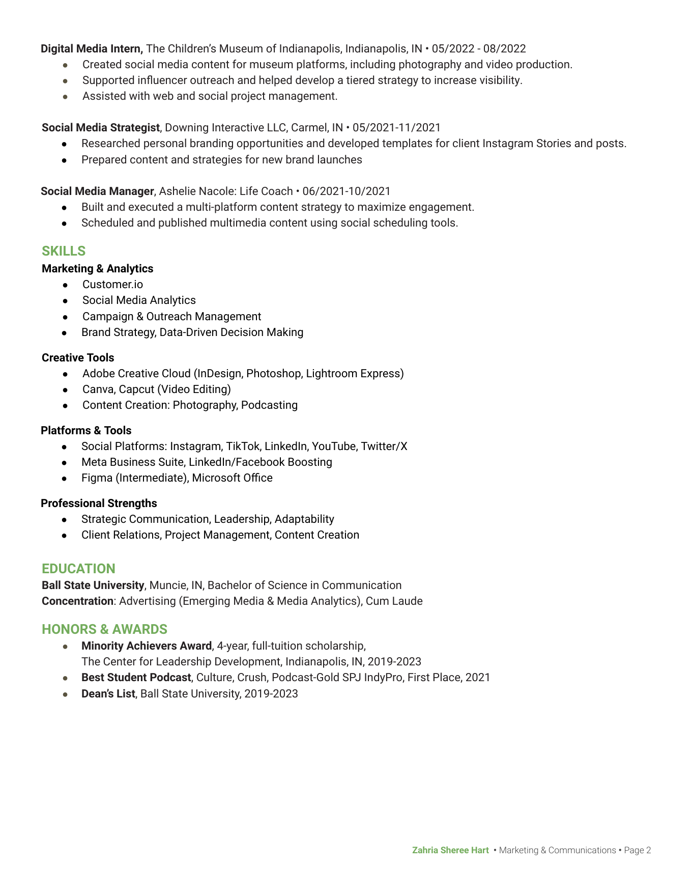 Zahria Hart resume page 2